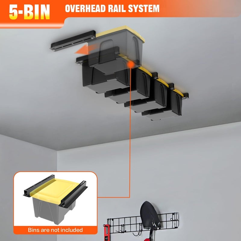 TORACK Garage 16" Studs Ceiling Storage Rack, Overhead Tote Storage Rail System Heavy Duty Adjustable Tote Slide for 5 Bins - Image 3